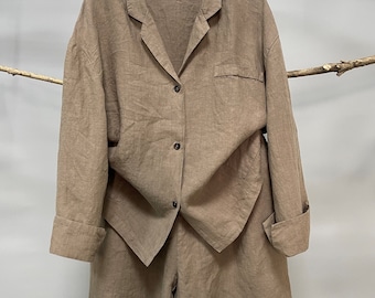 linen shirt and shorts set, Linen lounge suit, Women's linen shirts and shorts, two piece linen lounge set, linen shorts, linen lounge wear