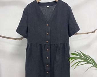 Casual linen dress, midi linen dress, button down midi dress, short sleeves linen dress, button down dress, front open button down dress