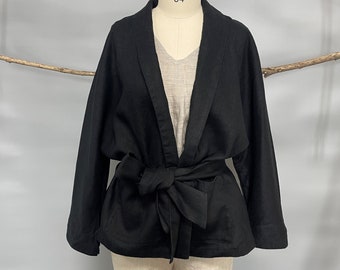 Wrap Linen Jacke, Heavy Linen Cardigan, Classic Black Linen Cardigan, Open front Linen Jacket, heavy Linen cardigan, short inen jacket