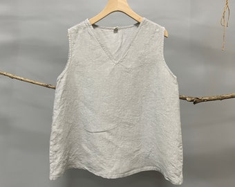 Casual  V Neck Linen Tank Top/Linen Tank Top/Sleeveless Linen top/Linen Lounge Top Sleeveless/Linen tank top Beige/Summer Linen Tank Top