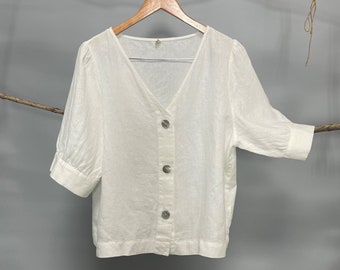 Linen V-neck blouse, Puff sleeves linen top, White V-neck blouse, Black V-neck blouse, V-neck half sleeve shirt women, Short sleeve shirt