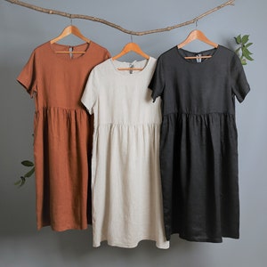 Casual linen dress, midi linen dress, midi dress with side pockets, midi dress w/t sleeves, solid color midi dress, loose fit midi dress XXL