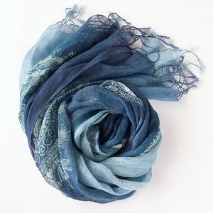 Gift for her, 100% Linen Scarf, light linen shawl, linen Scarf with Tassels, linen wrap, linen shawl, blue linen scarf, blue shawl Blue Totem