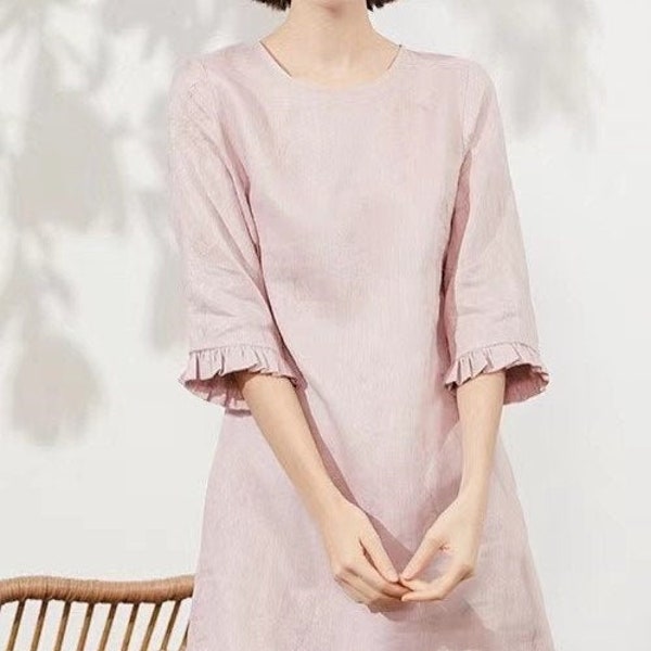 Linen Tunic/Linen Tunic Dress/Short Sleeves Tunic Dress/Knee length Tunic Dress/Fall dress/Linen dress straight/quarter sleeved linen dress