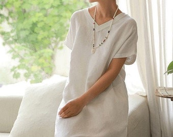 V neck Kaftan Dress, White Kaftan Dress, Beach Dress, Vacation dress, White Linen Kaftan Dress, V neck Kaftan Dress, Long tunic dress linen