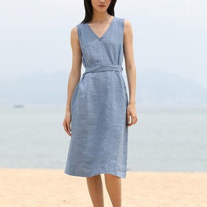 Linen Wrap Dress, Sleeveless Midi Dress, Sleeveless Wrap Dress, Wrap linen dress, Maternity linen dress, Sleeveless V neck Linen Midi Dress image 2