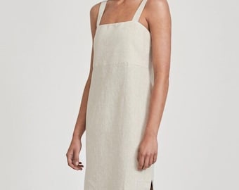 Cross-back Linen Dress, Linen Sundress, Linen Dress With Pockets, Mid Length Linen Summer Dress, Linen Sundress, Wedding dress, beach dress