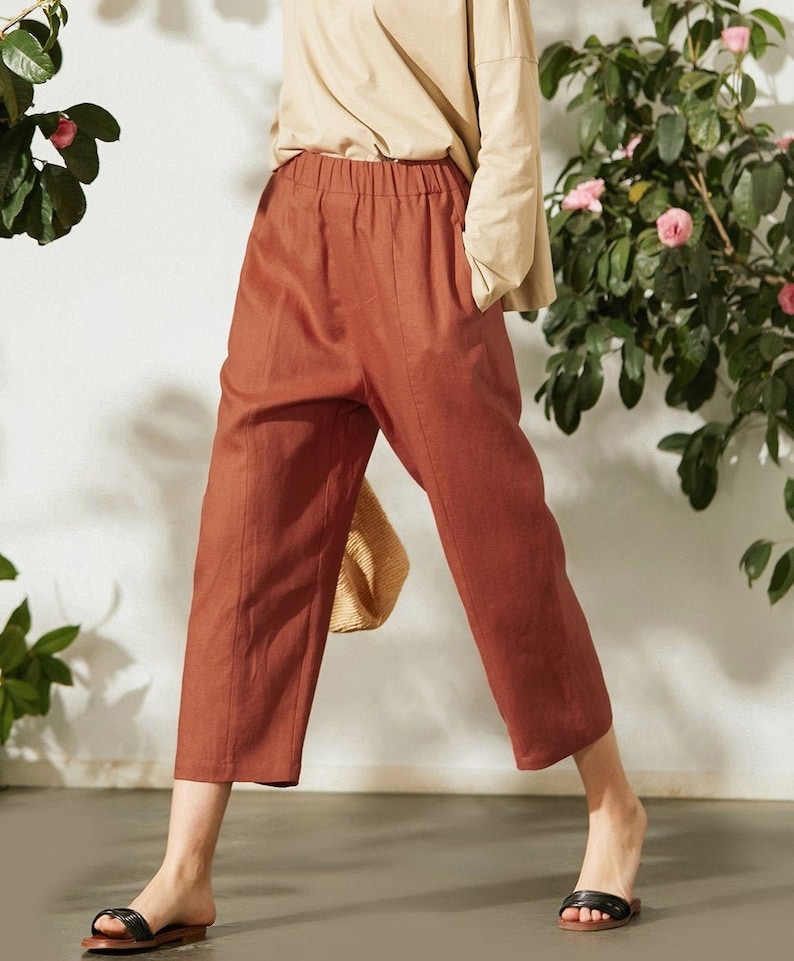 Harem Linen Pants/Wide leg linen pants/Cropped Linen pants/linen pants w/t elastic waistband/Causal linen pants/Harem Linen pants image 1