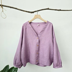 Swing Shirt, Linen Blouse, V-neck blouse shirt, Linen Shirt Women, Buttoned Linen Blouse, Long sleeve loose shirt