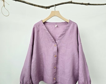 Swing Shirt, Linen Blouse, V-neck blouse shirt, Linen Shirt Women, Buttoned Linen Blouse, Long sleeve loose shirt