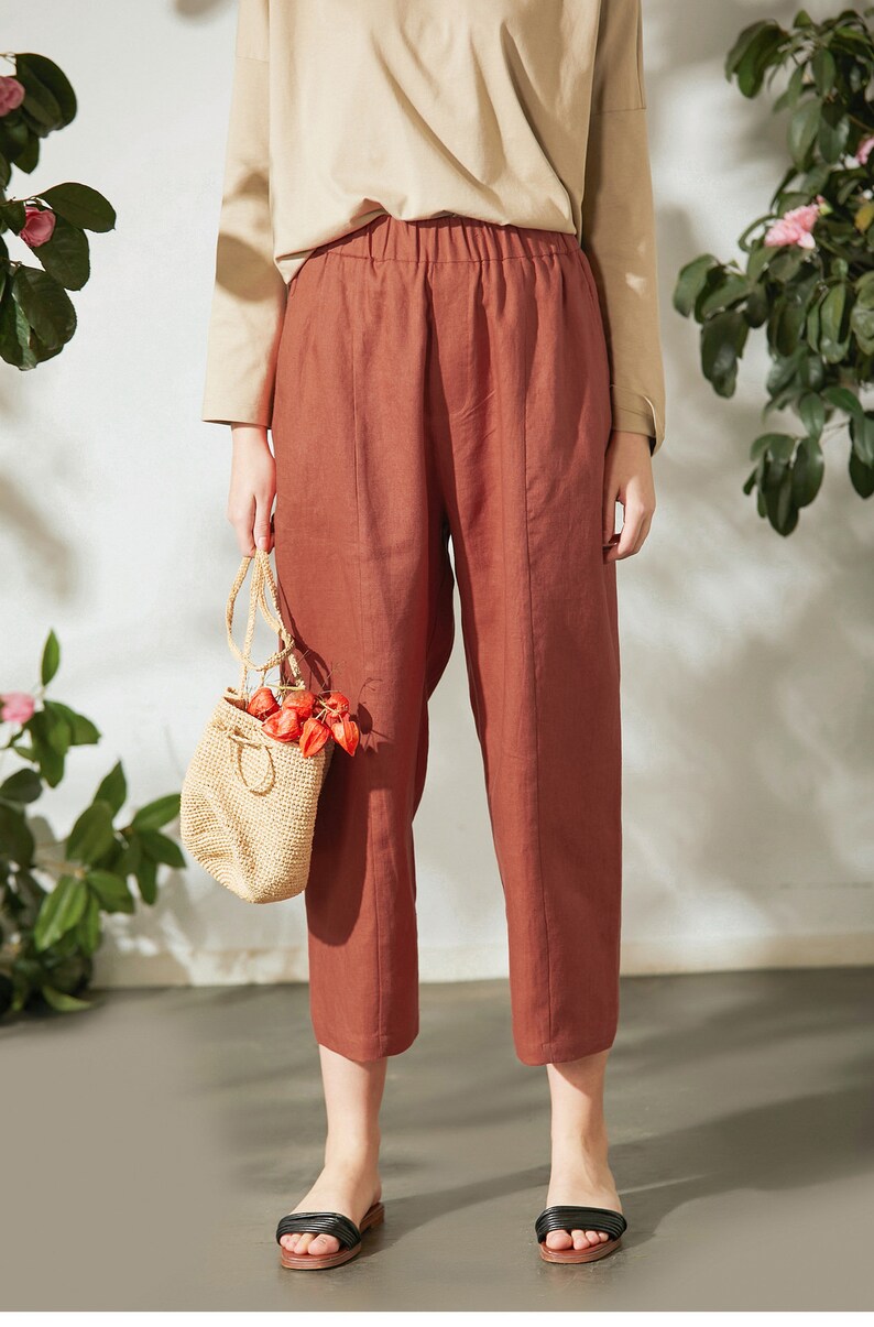 Harem Linen Pants/Wide leg linen pants/Cropped Linen pants/linen pants w/t elastic waistband/Causal linen pants/Harem Linen pants image 2