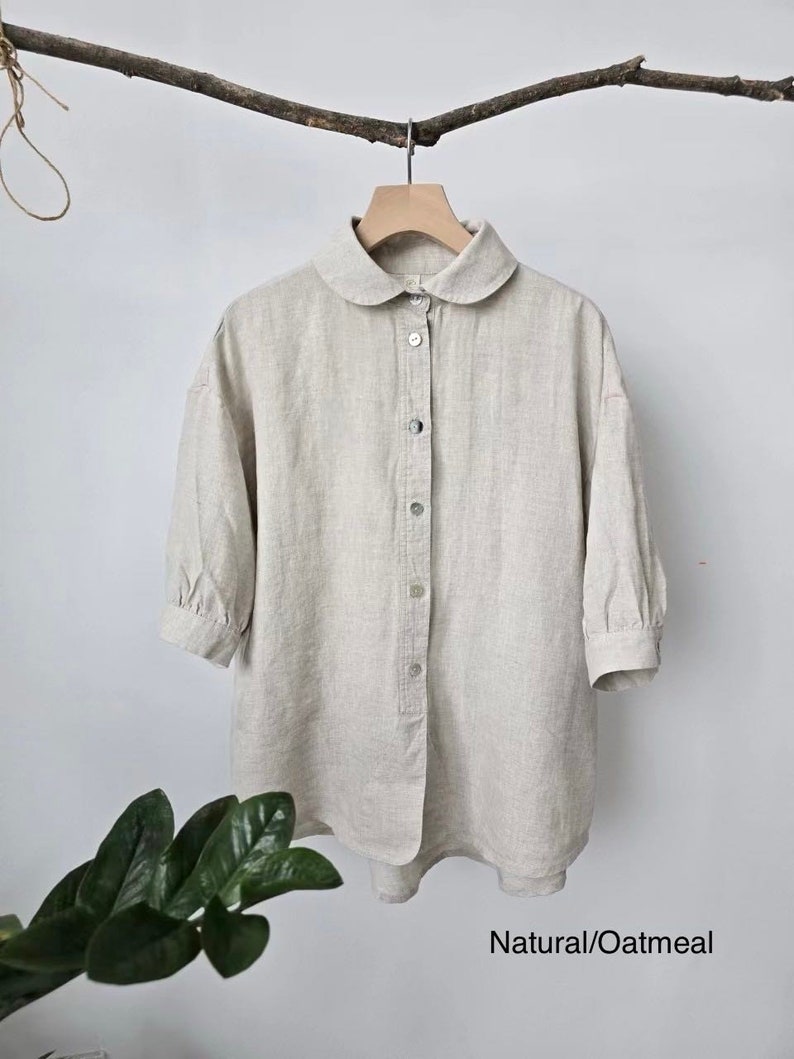 Linen Swing Shirt/Peter Pan Collar Linen Blouse/Quarter sleeve Linen blouse /A shape Linen Blouse/Puffy Sleeve Linen Blouse/High-low blouse image 9
