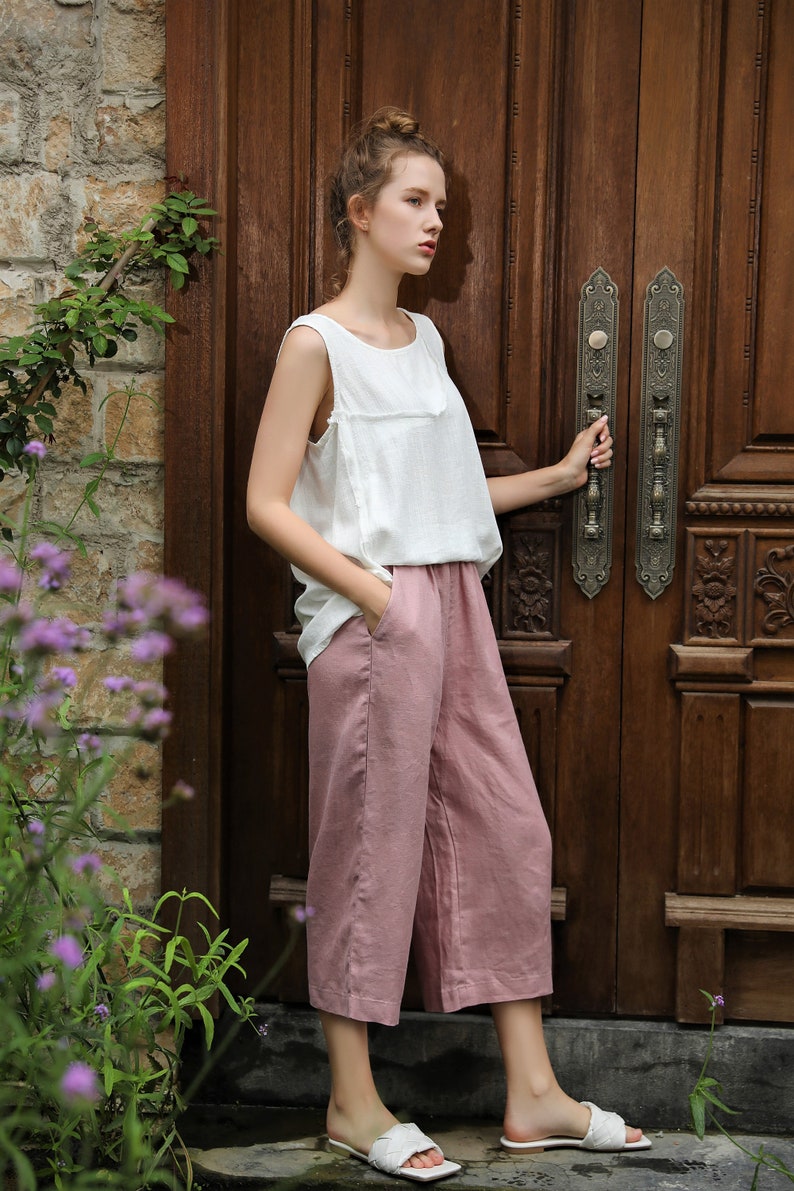 Cropped Linen Pants Women XS to XXL, Linen Lounge Pants women, Relaxed Fit Linen Pants, Pull on linen pants, Elastic waist linen pants XXL image 3