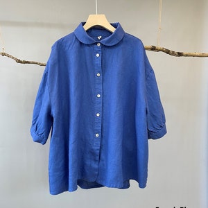 Linen Swing Shirt/Peter Pan Collar Linen Blouse/Quarter sleeve Linen blouse /A shape Linen Blouse/Puffy Sleeve Linen Blouse/High-low blouse image 4