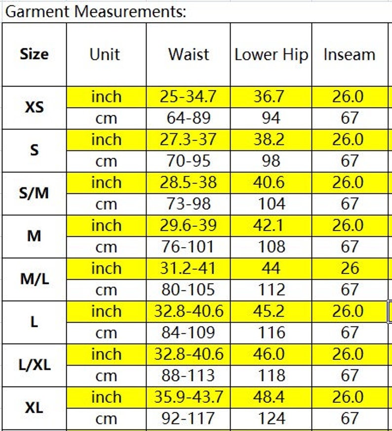 Puede incluir: Una tabla de medidas de prendas con tallas, unidades, cintura, cadera y entrepierna. Las tallas van de XS a XL. Las medidas de cintura var&iacute;an de 64 a 117 cm, la cadera de 94 a 124 cm y la entrepierna es de 67 cm.