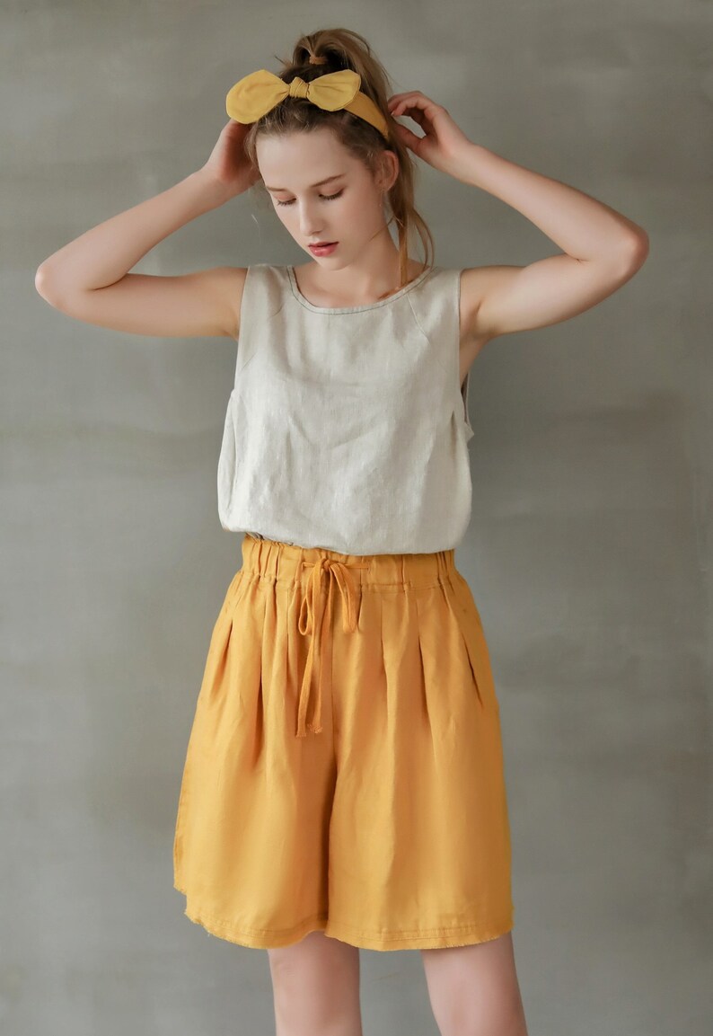 Linen Blend Elastic Waist Ruffle Hem Shorts With Pockets main image 0