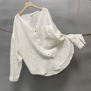 Women&#39;s Oversized linen shirt/Long sleeve linen shirt Women/Button down linen shirt women/linen nightshirt/V neck button down shirt XXL