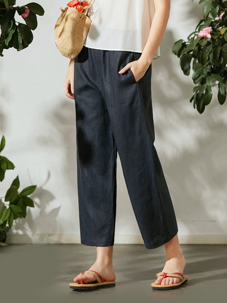 Harem Linen Pants/Wide leg linen pants/Cropped Linen pants/linen pants w/t elastic waistband/Causal linen pants/Harem Linen pants image 7