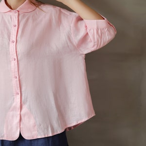 Linen Swing Shirt/Peter Pan Collar Linen Blouse/Quarter sleeve Linen blouse /A shape Linen Blouse/Puffy Sleeve Linen Blouse/High-low blouse image 3
