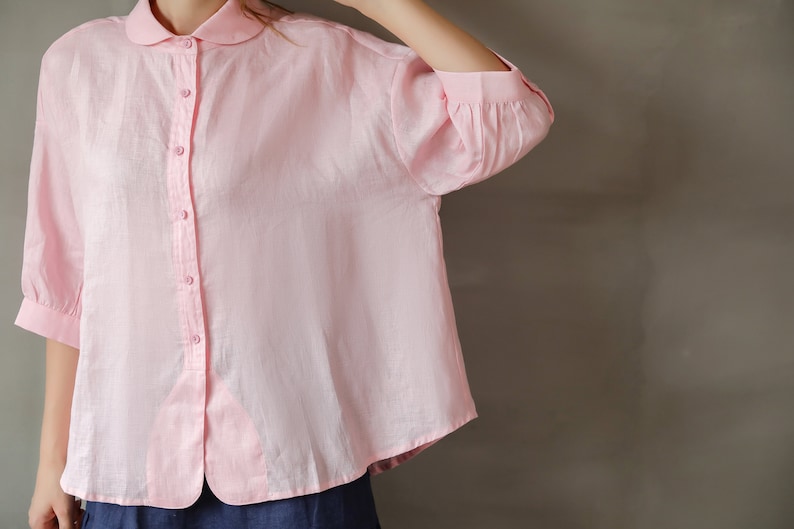 Linen Swing Shirt/Peter Pan Collar Linen Blouse/Quarter sleeve Linen blouse /A shape Linen Blouse/Puffy Sleeve Linen Blouse/High-low blouse image 3