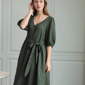 Linen Wrap Dress Midi Dress With Puffy Sleeves Wrap Dress - Etsy