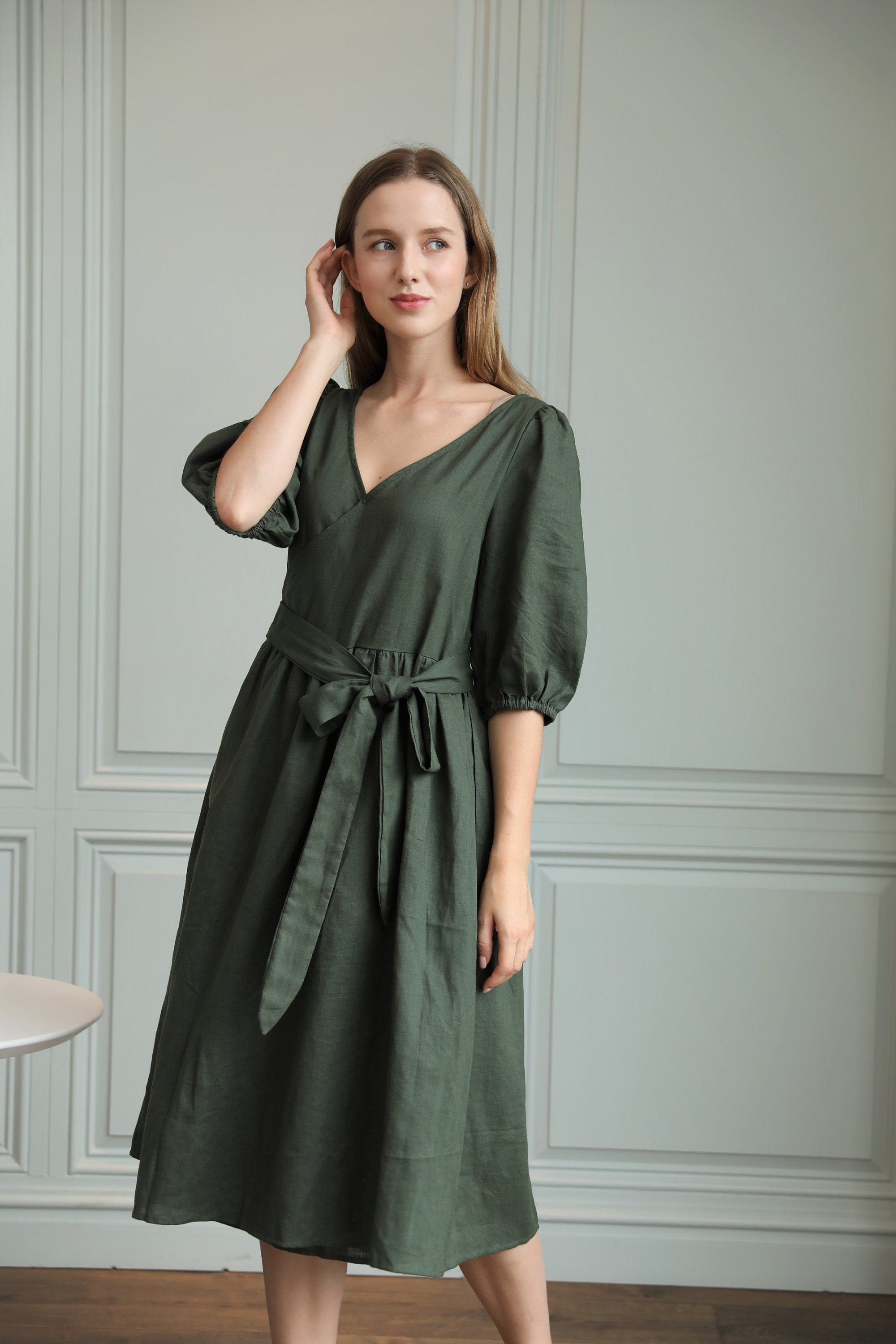 Linen Wrap Dress Midi Dress With Puffy Sleeves Wrap Dress - Etsy