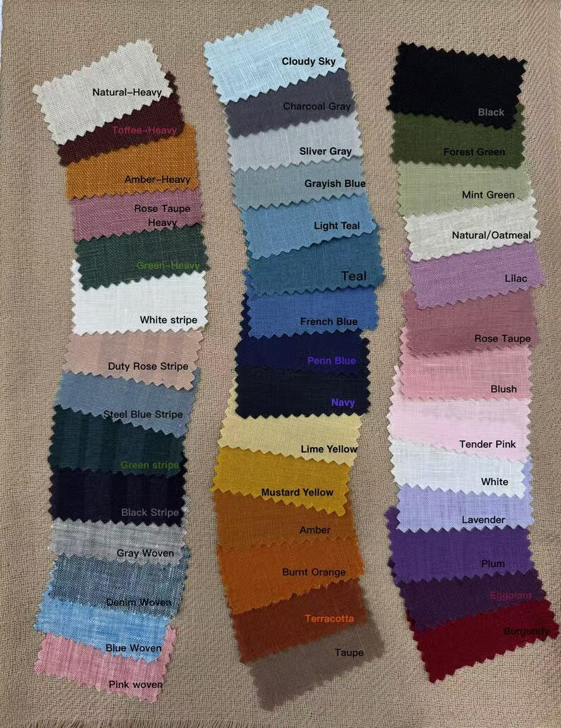 May include: A collection of fabric swatches in various colors, including blue, green, pink, and brown. Each swatch is labeled with its color name, such as "Cloudy Sky," "Teal," and "Mustard Yellow." The swatches are arranged on a neutral-toned background.