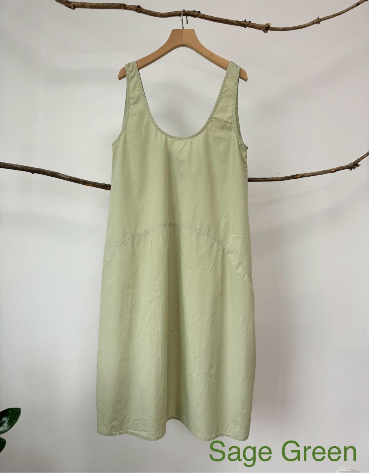 Casual dress, 100% Cotton dress in colors, Midi tank dress with low round neckline, Calf Length Cotton dress