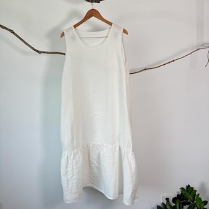 linen dress with ruffled hem linen midi dress Linen loose sleeveless dress Washed soft linen dress with side pocket