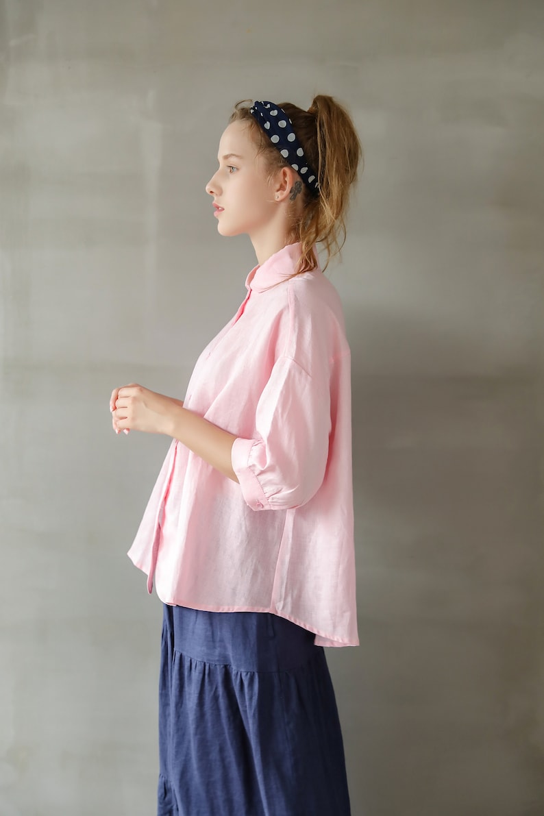 Linen Swing Shirt/Peter Pan Collar Linen Blouse/Quarter sleeve Linen blouse /A shape Linen Blouse/Puffy Sleeve Linen Blouse/High-low blouse image 2