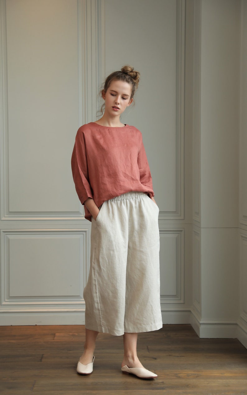 Cropped Linen Pants Women XS to XXL, Linen Lounge Pants women, Relaxed Fit Linen Pants, Pull on linen pants, Elastic waist linen pants XXL image 6