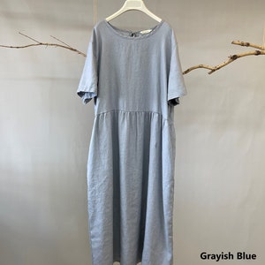 Casual linen dress, midi linen dress, midi dress with side pockets, midi dress w/t sleeves, solid color midi dress, loose fit midi dress XXL
