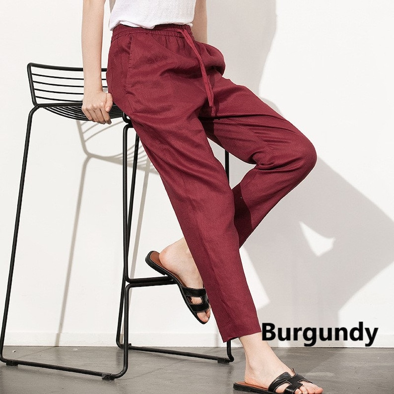 Pantalones de lino ajustados/ Pantalones SOHO/ Pantalones de lino con cintura ajustable con cordón/ Pantalones de lino clásicos/ Pantalones de lino lavados/ Pantalones ajustados/ Pantalones de lino holgados imagen 3