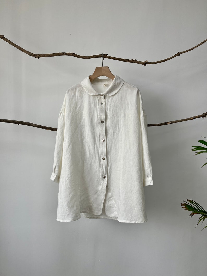 Linen Swing Shirt/Peter Pan Collar Linen Blouse/Quarter sleeve Linen blouse /A shape Linen Blouse/Puffy Sleeve Linen Blouse/High-low blouse image 5
