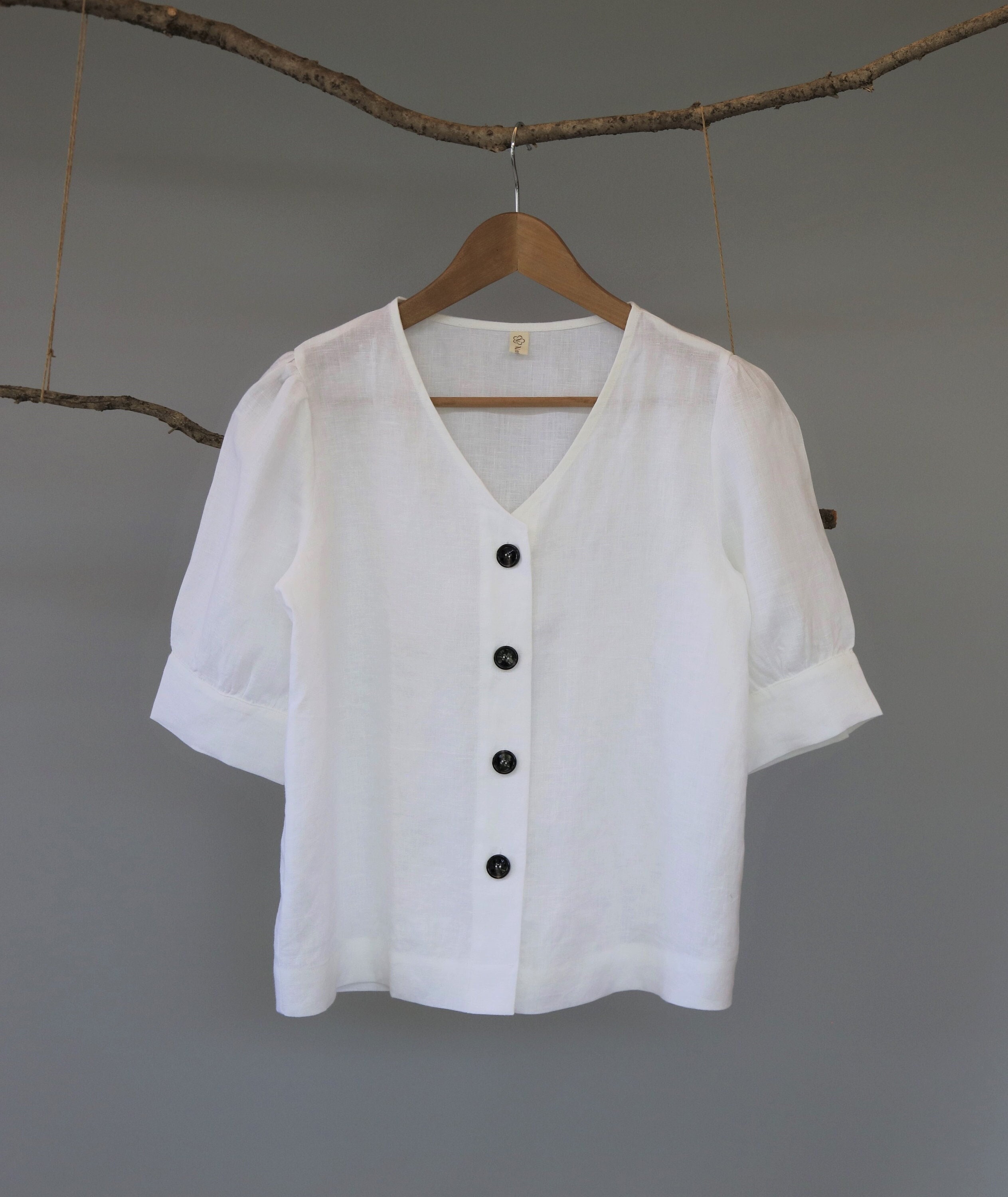 Linen V-neck Blouse Puff Sleeves Linen Top White V-neck | Etsy