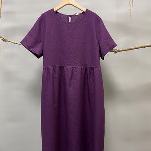 Casual linen dress, midi linen dress, midi dress with side pockets, midi dress w/t sleeves, solid color midi dress, loose fit midi dress XXL image 3