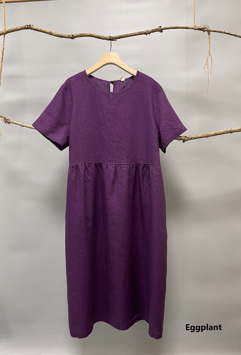 Casual linen dress, midi linen dress, midi dress with side pockets, midi dress w/t sleeves, solid color midi dress, loose fit midi dress XXL image 3