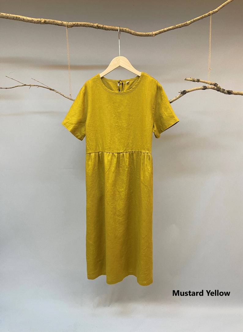 Casual linen dress, midi linen dress, midi dress with side pockets, midi dress w/t sleeves, solid color midi dress, loose fit midi dress XXL image 2