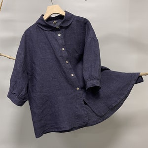 Linen Swing Shirt/peter Pan Collar Linen Blouse/quarter Sleeve Linen ...