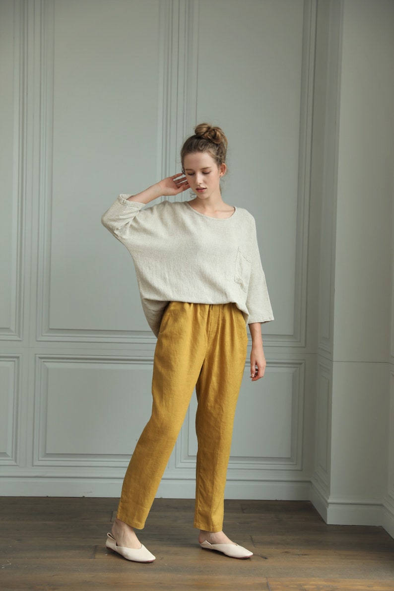 Tapered linen pants/ SOHO trousers/ linen pants with drawstring waist/Classic linen pants/Washed linen pants/Tapered pants/Slack linen pants image 2