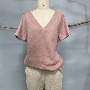 Classic Linen Tee Women, Women's short sleeve linen top, Short Sleeve linen Blouse, Linen Top Short Sleeves, V neck Linen Top short sleeves image 5