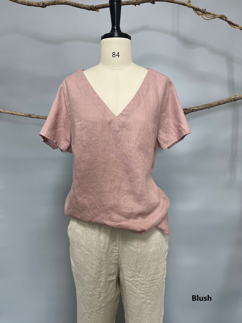 Classic Linen Tee Women, Women's short sleeve linen top, Short Sleeve linen Blouse, Linen Top Short Sleeves, V neck Linen Top short sleeves image 5