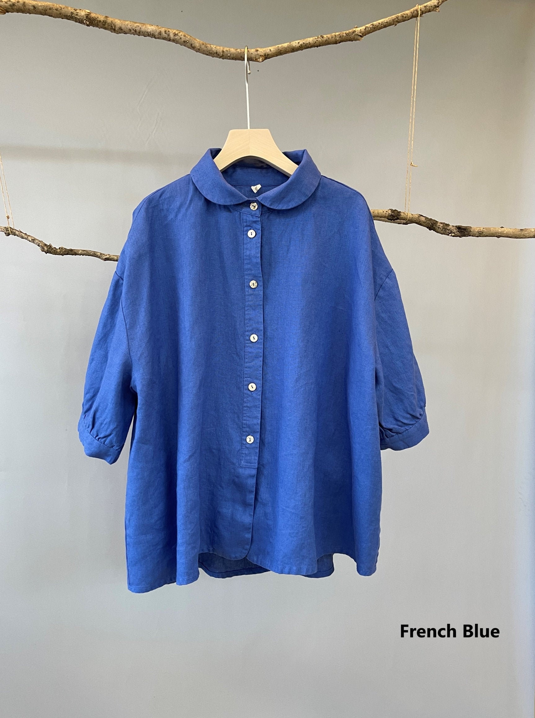 Swing Shirt, Linen Blouse, A-Shape Blouse, Peter Pan collar shirt, Linen Shirt Women, Buttoned Linen Blouse, Quarter Sleeve Linen Blouse