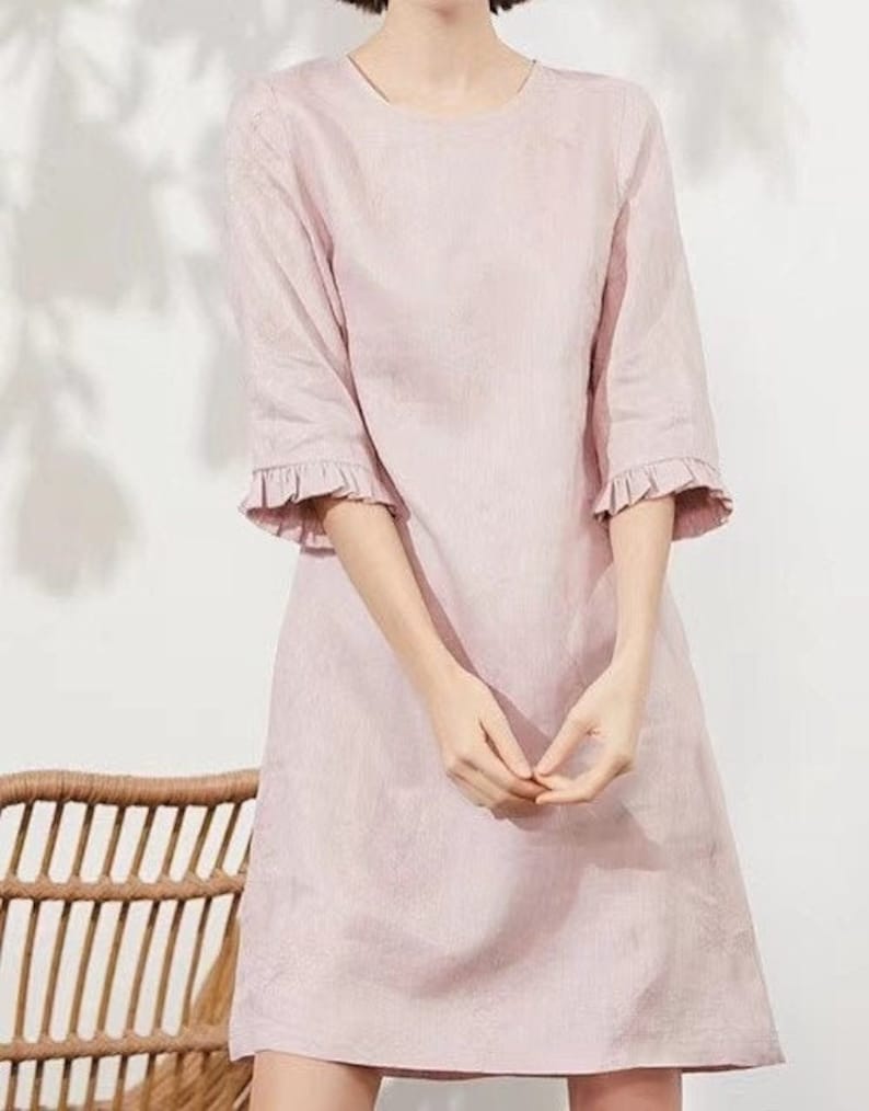 Linen Tunic/Linen Tunic Dress/Short Sleeves Tunic Dress/Knee length Tunic Dress/Fall dress/Linen dress straight/quarter sleeved linen dress image 1