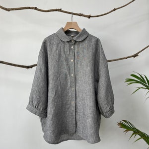 Linen Swing Shirt/Peter Pan Collar Linen Blouse/Quarter sleeve Linen blouse /A shape Linen Blouse/Puffy Sleeve Linen Blouse/High-low blouse image 7