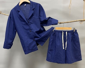 Linen shirt and shorts set for women, linen blazer and shorts set, travel clothes, two piece linen pj set, linen shorts, linen lounge wear