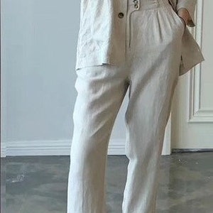 Linen Blazer/Oversized Linen Blazer/Business Causal linen blazer/Light linen jacket/Classic Linen Blazer Navy/Linen suit set/Blazer&pants Pants: Beige