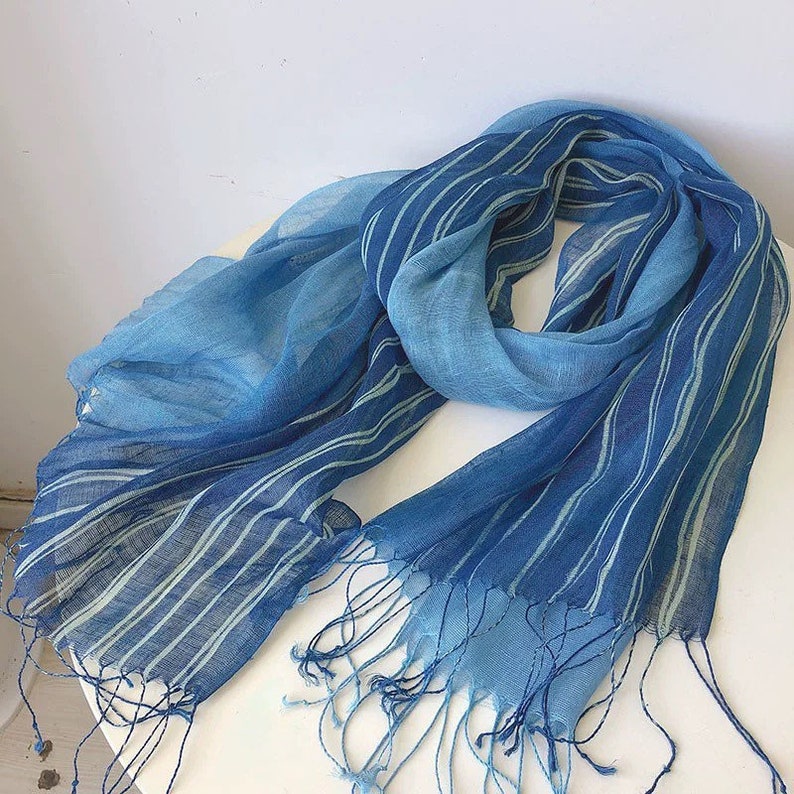 Gift for her, 100% Linen Scarf, light linen shawl, linen Scarf with Tassels, linen wrap, linen shawl, blue linen scarf, blue shawl White Stripes