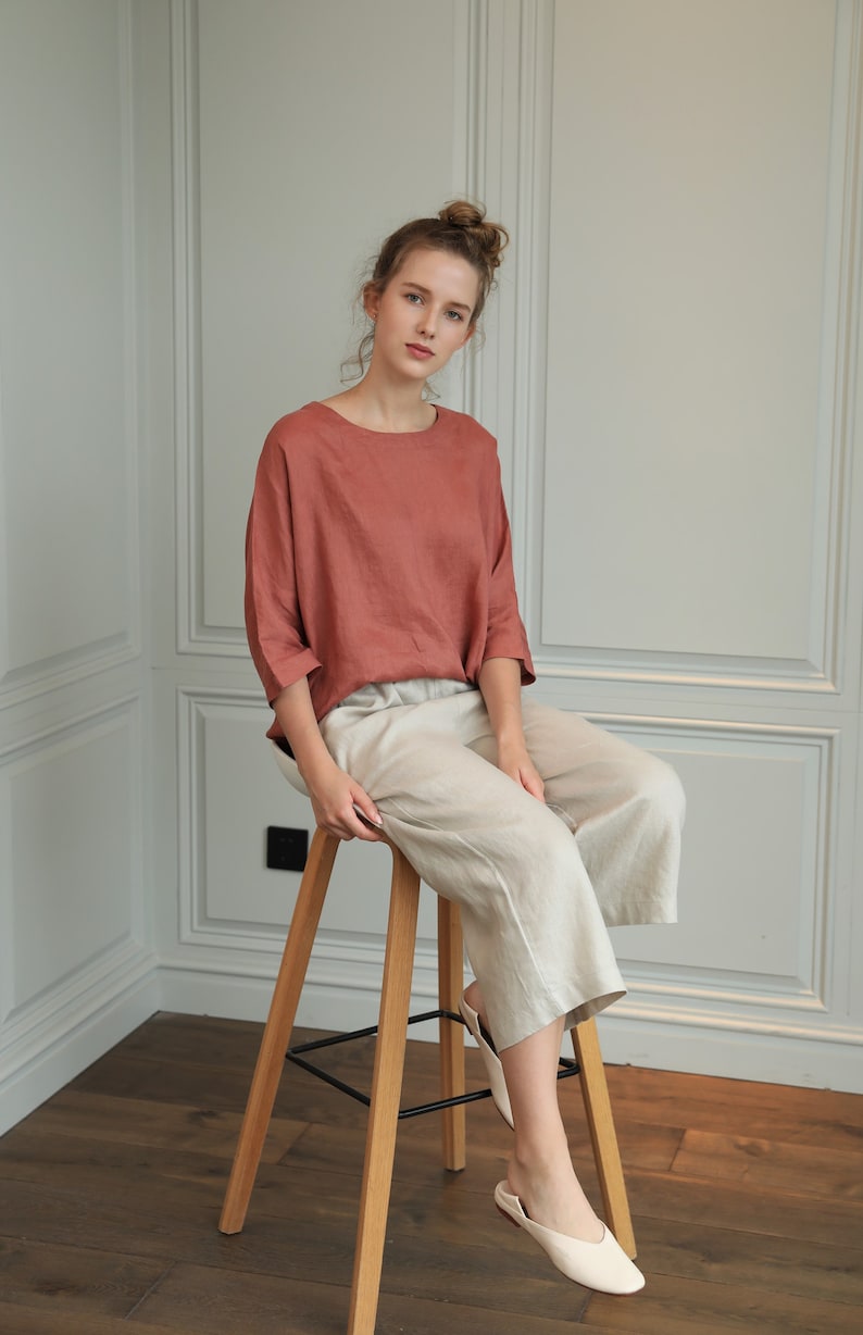 Cropped Linen Pants Women XS to XXL, Linen Lounge Pants women, Relaxed Fit Linen Pants, Pull on linen pants, Elastic waist linen pants XXL image 5