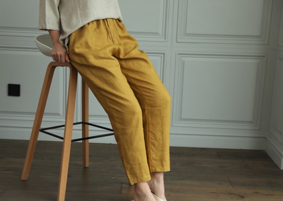 Tapered Linen Pants/ SOHO Trousers/ Linen Pants With Drawstring